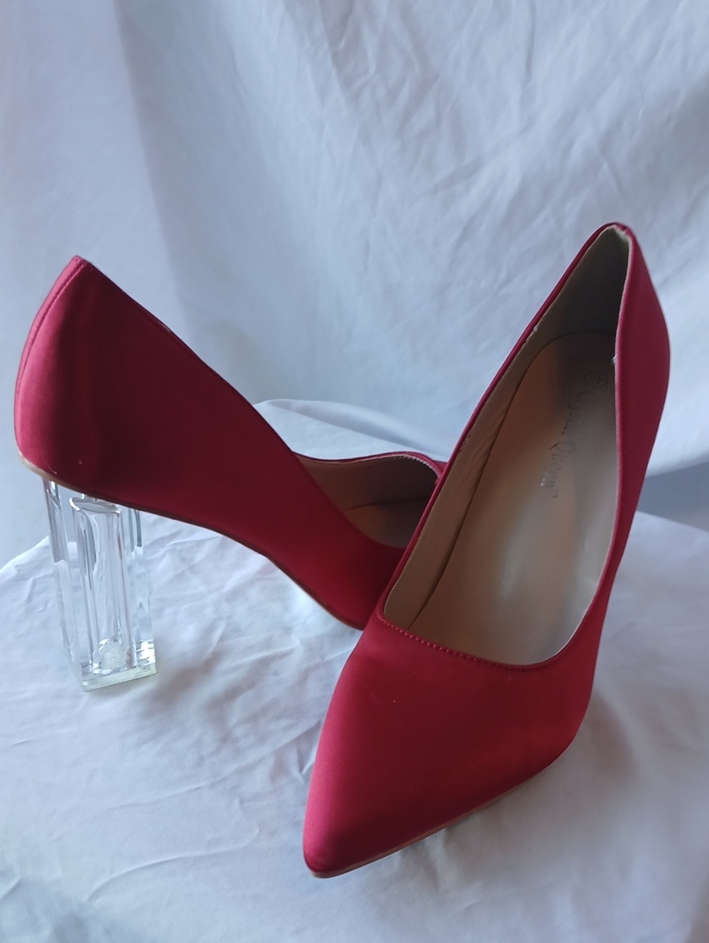 Red Satin Pointed-Toe Pumps with Clear Block Heel
